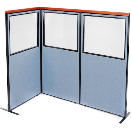 Interion By Global Industrial Interion Deluxe Freestanding 3-Panel Corner Divider w/Partial Window 36-1/4inW x 73-1/2inH Blue 695037BL